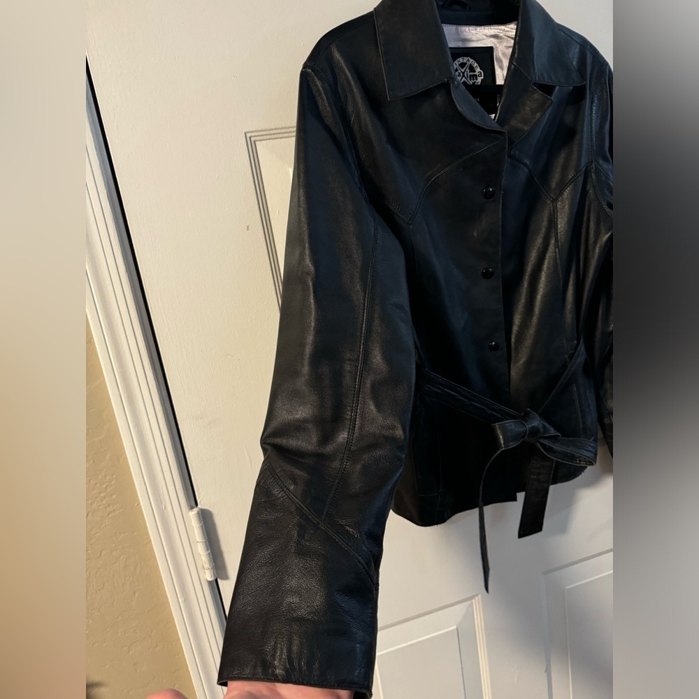 Wilsons Leather Vintage 90s Maxima Jacket Tie Belt Cinch Waist Button Up Collar - Picture 12 of 16